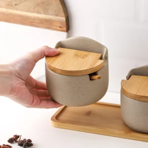 Ceramic Seasoning Jars with Wooden Lid Salt Shakers Kitchen Supplies White Spice Organizer Canister Spoon Set White Sugar Box - Image 3