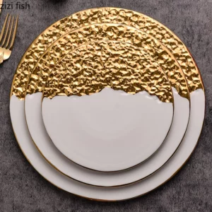 Half Stone Patterned Flat Plate Electroplated Ceramic Tableware Steak Plate Breakfast Plate Sushi Plates Dessert Snack Plates - Image 3