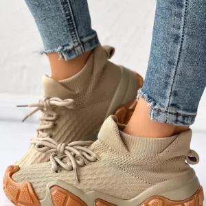 Sneakers Women's Colorblock Breathable Lace-up Platform Casual Sneakers Women Vulcanized Shoes Platform Mesh Knit Lace-Up - Image 2