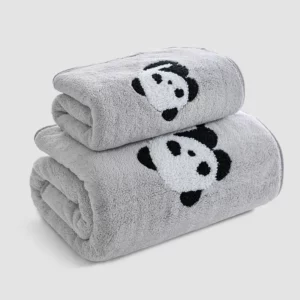 Cartoon Family Shower Towels, Panda Style, Coral Fleece, Absorbent, Hanging, Hand, Hair, Face, Bath Towel Set, Bathroom, 2Pcs - Image 2