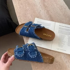 New Fashion Denim Belt Buckle Thick Sole Outside Wear 2024 Summer Flat Flip-flops Women - Image 4