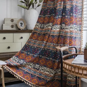 Fashion Bohemian Ethnic Style Yellow Square Printed Farmhouse Small Window Kitchen Bedroom Semi Shading Finished Curtain - Image 2