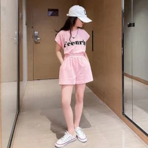 2024 Girls' Summer Suit New spring Child Clothes Short-Sleeved Shorts Sports letters t shirt + half pants Teen Tracksuits Kids - Image 5