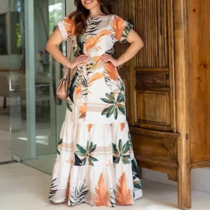 High Waist Floral Flower Printed Casual Fashion Loose Women Long Maxi Dress Short Sleeve Belt Dress - Image 2