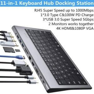11-IN-1 Multi Usb C Docking Station With Keyboard 100W PD, 4K HDMI, VGA, Ethernet, Card Reader, USB 3.0, Aux USB C HUB - Image 2