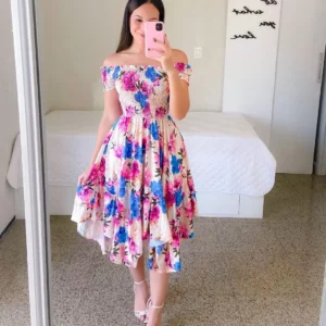 Dresses Summer Ladies Sexy Off Shoulder Flower Print Dress Elegant Short Sleeve Elastic Irregular Casual Dress Vestido De Mujer - Image 4