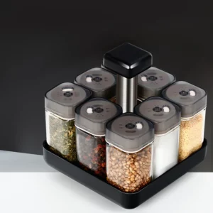 9 Pcs Set 360 Rotating Kitchen Spice Jar Pepper Sugar Glass Bottle Salt Sealed Container Seasoning Box with Storage Rack - Image 5