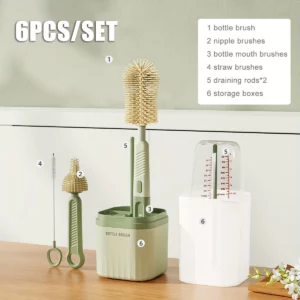 Baby Silicone Bottle Brush Portable Straight Handle Cleaning Tool Set 360° Rotating Drying Rack Combination Bottle Washing Brush - Image 2