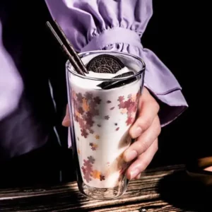 Double Wall Glass Cup with Sakura Printings 350ml Lovely Heat Insulation Coffee Milk Shake Juice Glass Tumbler 1 Piece - Image 2