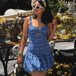 TRAFZA Summer New Fashion Woman Dresses Blue Sleeveless Backless Hollow Out Embroidery Zipper Female Beach Style Mini Dress - Image 4
