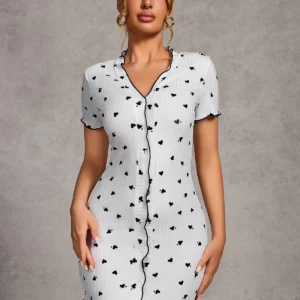 Women's Sleepwear Cardigan Buttons Sexy V-neck Rolled Edge Love Print Comfortable Slim nightgown Homewear - Image 5