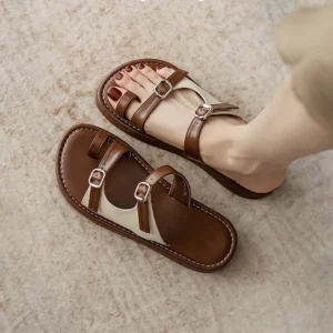 Net Brown Set Toe Slippers Women Wear 2024 Summer Ladies Belt Buckle Soft Leather Soft Sole Shoes Non-slip Flat Roman Sandals - Image 3