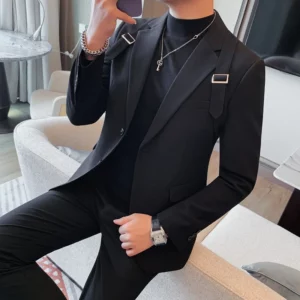 Blazer Hombre British Shoulder Strap Design Blazer Jacket For Men Two Buttons Slim Fit Casual Elegant Mens Suits Formal Tuxedo - Image 2