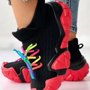 Sneakers Women's Colorblock Breathable Lace-up Platform Casual Sneakers Women Vulcanized Shoes Platform Mesh Knit Lace-Up - Image 3