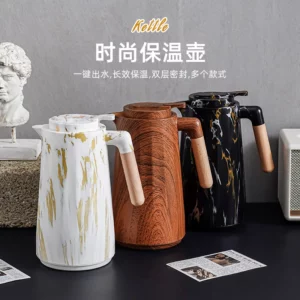 Wood grain thermal insulation pot Large capacity thermos high value office coffee pot Living room glass thermos - Image 1
