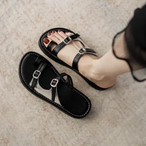 Net Brown Set Toe Slippers Women Wear 2024 Summer Ladies Belt Buckle Soft Leather Soft Sole Shoes Non-slip Flat Roman Sandals - Image 4