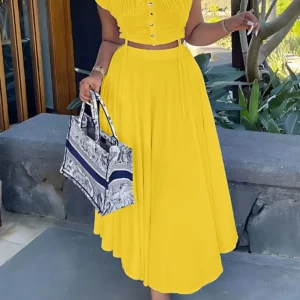 Women's Casual two-piece Summer Solid Off Shoulder Crop Top and Long SkirtSet -Stylish Elegant Vestidos - Image 3
