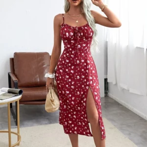 Women's Clothing Summer 2024 Trend Floral Dress, Flower Print Spaghetti Strap Sleeveless with High Slit for Ladies - Image 1