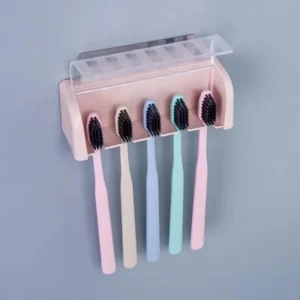 Bathroom Wallmount Toothbrush Holder with Cover 5 Slots Without Drilling Home Bathroom Self Adhered Toothbrush Storage Racks - Image 3