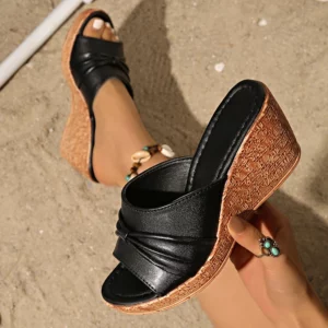 Plus Size Pu Leather Ladies Wedge Sandals Summer 2025 Platform Thick Bottom Slippers Women Peep Toe Non Slip Beach Sandles Woman - Image 1