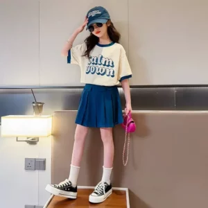2025 NEW summer Teenager Girls Cloth short sleeve letters striped T Shirt + cargo skirt dress children set 6 7 8 9 10 11 12 year - Image 4