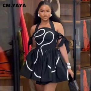 CM.YAYA Summer Women Bowknot Shoulder Halter Neck Geometric Striped Big Swing Dress Streetwear Night Club Party Dresses Vestidos - Image 5