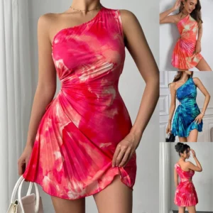 Summer Women's Dress Girl Style Tie-dye Off-shoulder Pleated High-waist Party Hip-pack Sexy Mini Skirt - Image 1