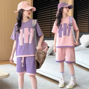 Summer Girls T-Shirts Sets Outfit New Kids Short Sleeve Tops+Shorts 2Pcs Children Clothes Teen Loose Casual Suits Sporty Outfits - Image 2