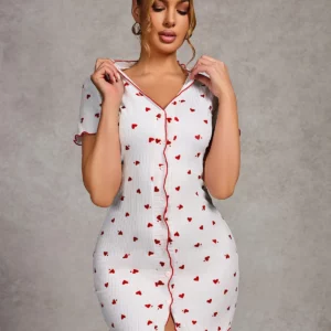 Women's Sleepwear Cardigan Buttons Sexy V-neck Rolled Edge Love Print Comfortable Slim nightgown Homewear - Image 3