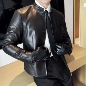 Autumn Chinese Style Stand Up Collar Leather Jacket Men's Motorcycle Jackets High-end Casual Business Short PU Leather Coats - Image 2