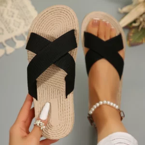 2024 Women Slippers New Minimalist Cross Band Sandals Trend Beach Hemp Rope Slippers Espadrille Outdoor Shoes Home Slides Women - Image 2