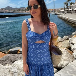 TRAFZA Summer New Fashion Woman Dresses Blue Sleeveless Backless Hollow Out Embroidery Zipper Female Beach Style Mini Dress - Image 2