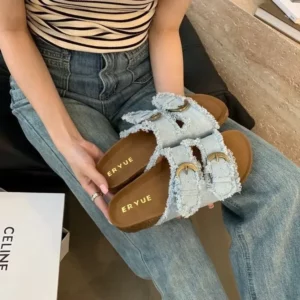 New Fashion Denim Belt Buckle Thick Sole Outside Wear 2024 Summer Flat Flip-flops Women - Image 2