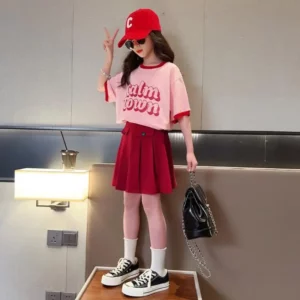 2025 NEW summer Teenager Girls Cloth short sleeve letters striped T Shirt + cargo skirt dress children set 6 7 8 9 10 11 12 year - Image 6