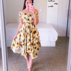 Dresses Summer Ladies Sexy Off Shoulder Flower Print Dress Elegant Short Sleeve Elastic Irregular Casual Dress Vestido De Mujer - Image 5