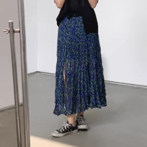 Chiffon Floral Side-slit Pleated Skirts for Women Summer Thin High Waist A-line Mid-length All-match Streetwear Korean Fashion - Image 3