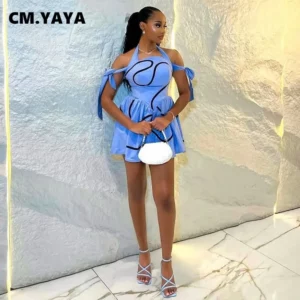 CM.YAYA Summer Women Bowknot Shoulder Halter Neck Geometric Striped Big Swing Dress Streetwear Night Club Party Dresses Vestidos - Image 6