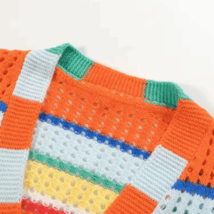 Plus Size Women's Rainbow Stripe Knit Crochet Cardigan Sweater Long Sleeve Autumn Cozy Colorful Jacket - Image 3