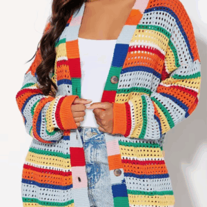 Plus Size Women's Rainbow Stripe Knit Crochet Cardigan Sweater Long Sleeve Autumn Cozy Colorful Jacket - Image 6