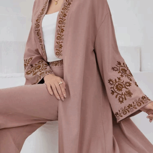 Rafiah 2 Piece Set Wide Sleeve Embroidered Top Embroidered Waist Pants Transitional Fall Women Casual Open Abaya for Daily - Image 3
