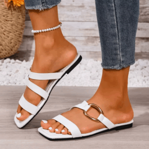 Plus Size Flip Flops Summer New Square Toe Open Toe Cutout Metal Buckle Soft Sole Non-slip Wear-resistant Flats - Image 4