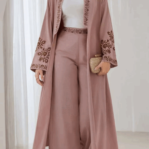 Rafiah 2 Piece Set Wide Sleeve Embroidered Top Embroidered Waist Pants Transitional Fall Women Casual Open Abaya for Daily - Image 2