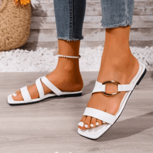 Plus Size Flip Flops Summer New Square Toe Open Toe Cutout Metal Buckle Soft Sole Non-slip Wear-resistant Flats - Image 5