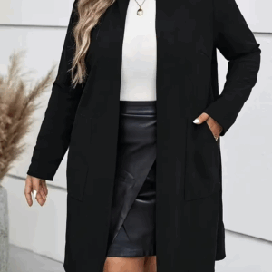 GIBSIE Plus Size Autumn New Women's Crew Neck Long Coat Black Long Sleeve Open Front Office Female Casual Jackets with Pockets - Image 2