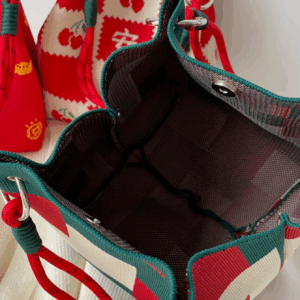 1pc red and green colour blocking vintage knitted tote bag, women's portable foldable double carry handle small square bag with - Image 5