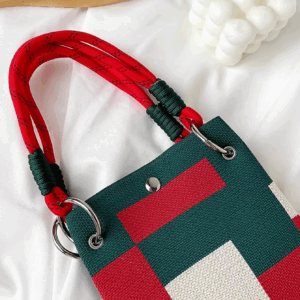 1pc red and green colour blocking vintage knitted tote bag, women's portable foldable double carry handle small square bag with - Image 4