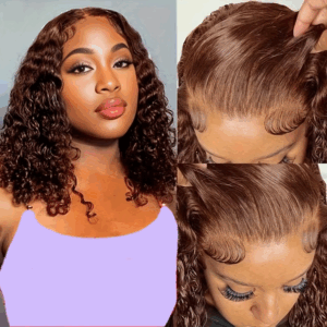 13X4 Chocolate Brown Curly Lace Front Wigs Human Hair Short Curly Deep Wave Bob Wigs Pre Plucked Water Wave #4 Colored Bob Wigs - Image 7