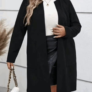 GIBSIE Plus Size Autumn New Women's Crew Neck Long Coat Black Long Sleeve Open Front Office Female Casual Jackets with Pockets - Image 4