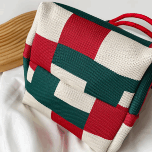 1pc red and green colour blocking vintage knitted tote bag, women's portable foldable double carry handle small square bag with - Image 6