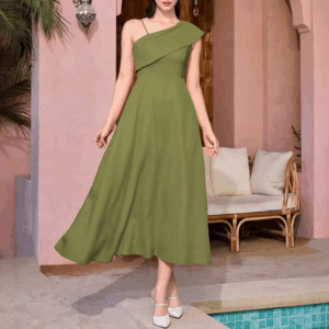 Rafiah Women's Summer Long Dress 2025 Fashion Simple Solid Color Sleeveless One-Shoulder Midi Casual Shift Dresses - Image 2
